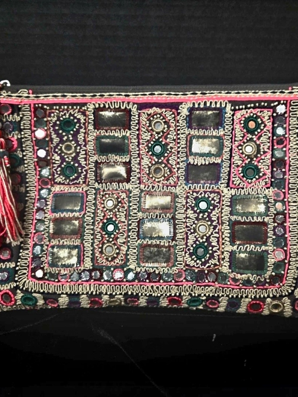 Star Mela Embroidered Beaded Tassel Zip Clutch Pouch Wrist Strap Pink Lining